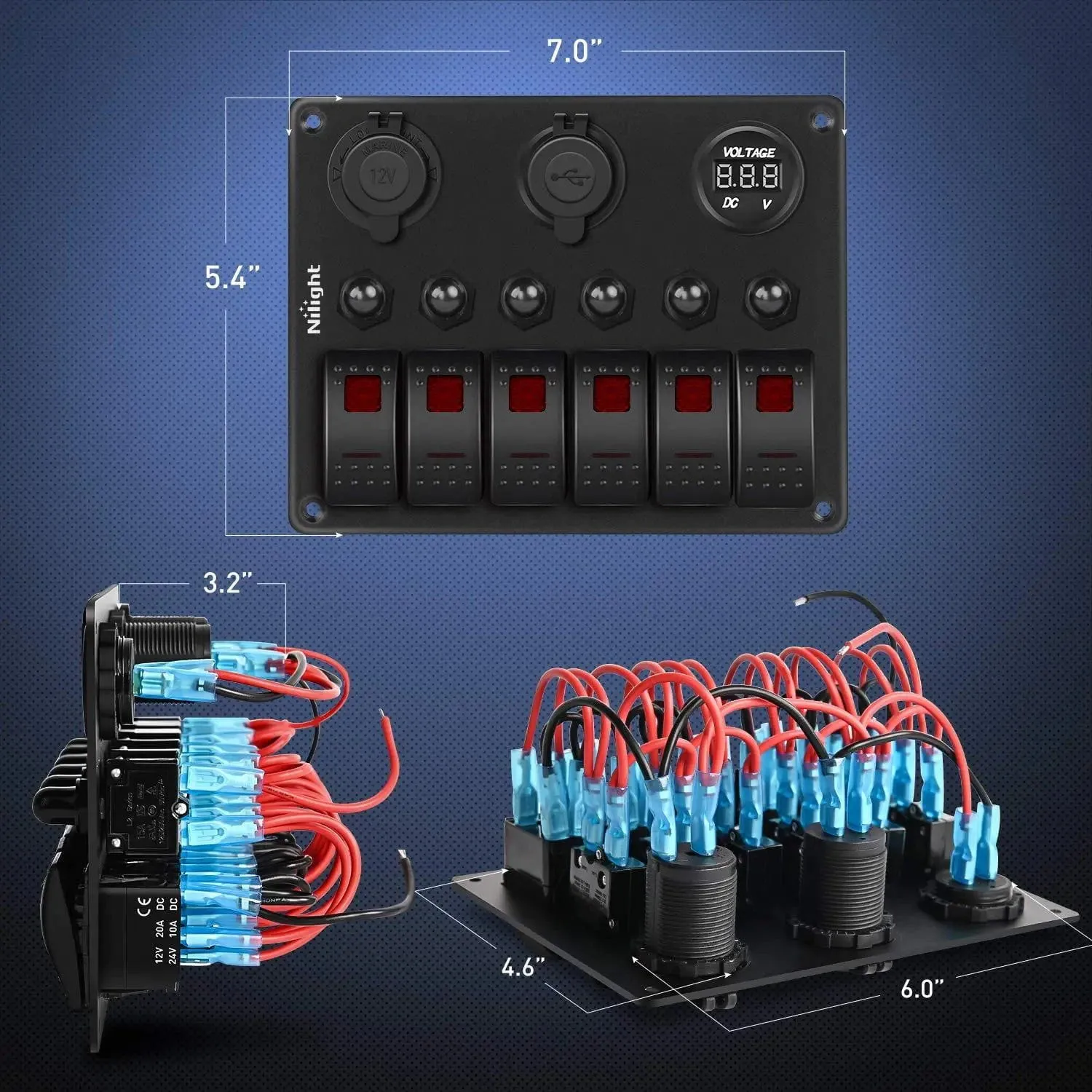 6Gang ON/Off Red Rocker Switch Panel w/ Dual USB Cigarette Lighter Socket Voltmeter