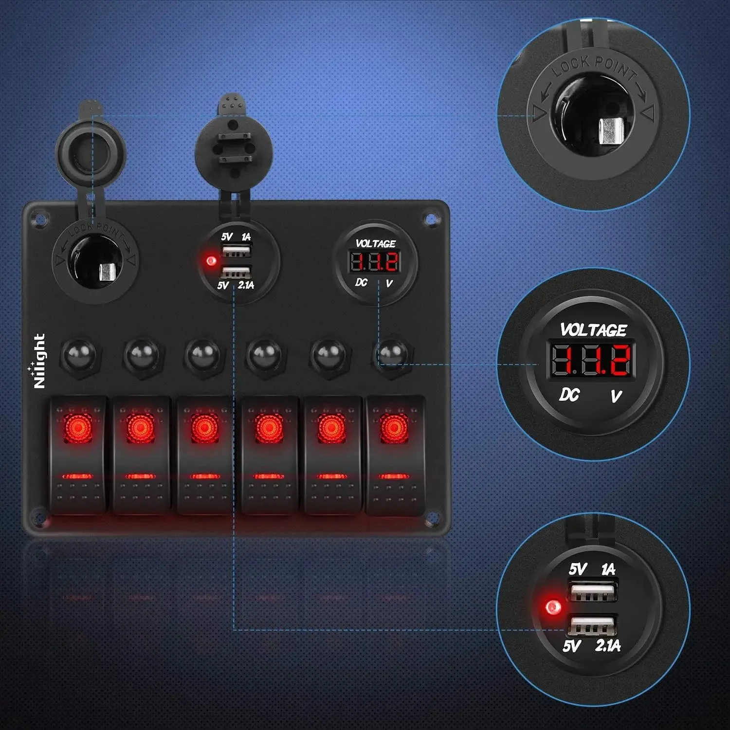 6Gang ON/Off Red Rocker Switch Panel w/ Dual USB Cigarette Lighter Socket Voltmeter