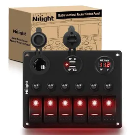 6Gang ON/Off Red Rocker Switch Panel w/ Dual USB Cigarette Lighter Socket Voltmeter
