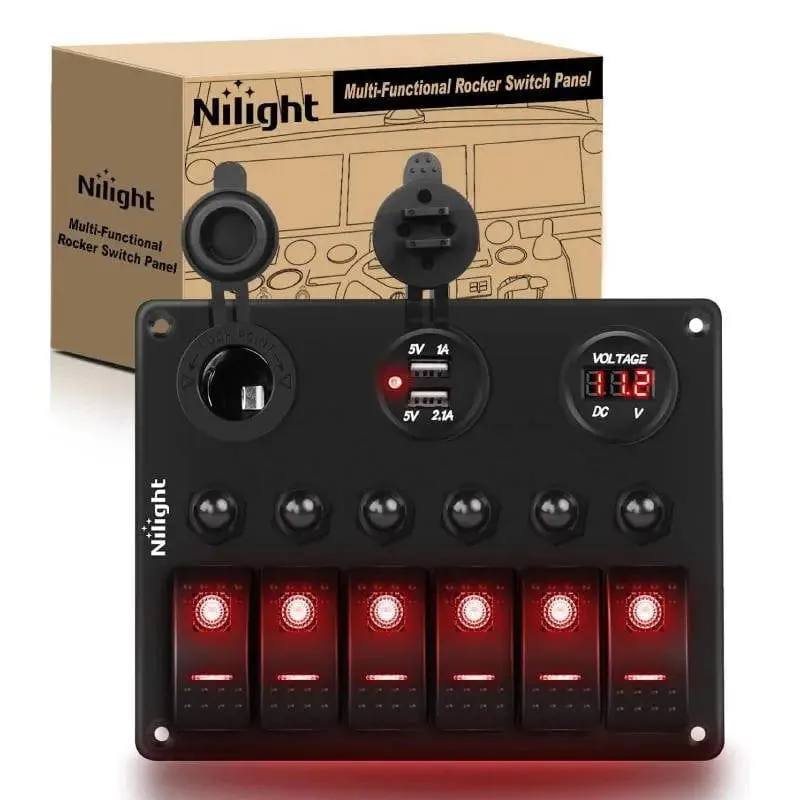 6Gang ON/Off Red Rocker Switch Panel w/ Dual USB Cigarette Lighter Socket Voltmeter