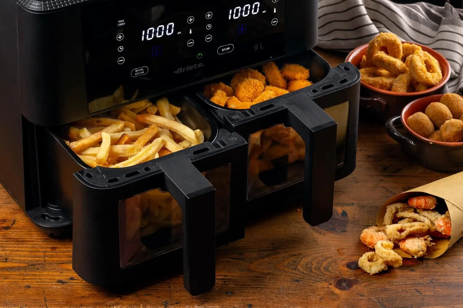 Ariete 4631 Double air fryer 9L, 2400W, Total capacity 9L, 11 programs, Multifunction, Up to 3.6 kg of fried food, Temperature up to 200°C, Double basket, BPA Free, Black