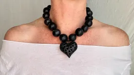 Barro Negro Heart Pendant Necklace. Oaxacan Black Clay. Sterling Silver. 2300