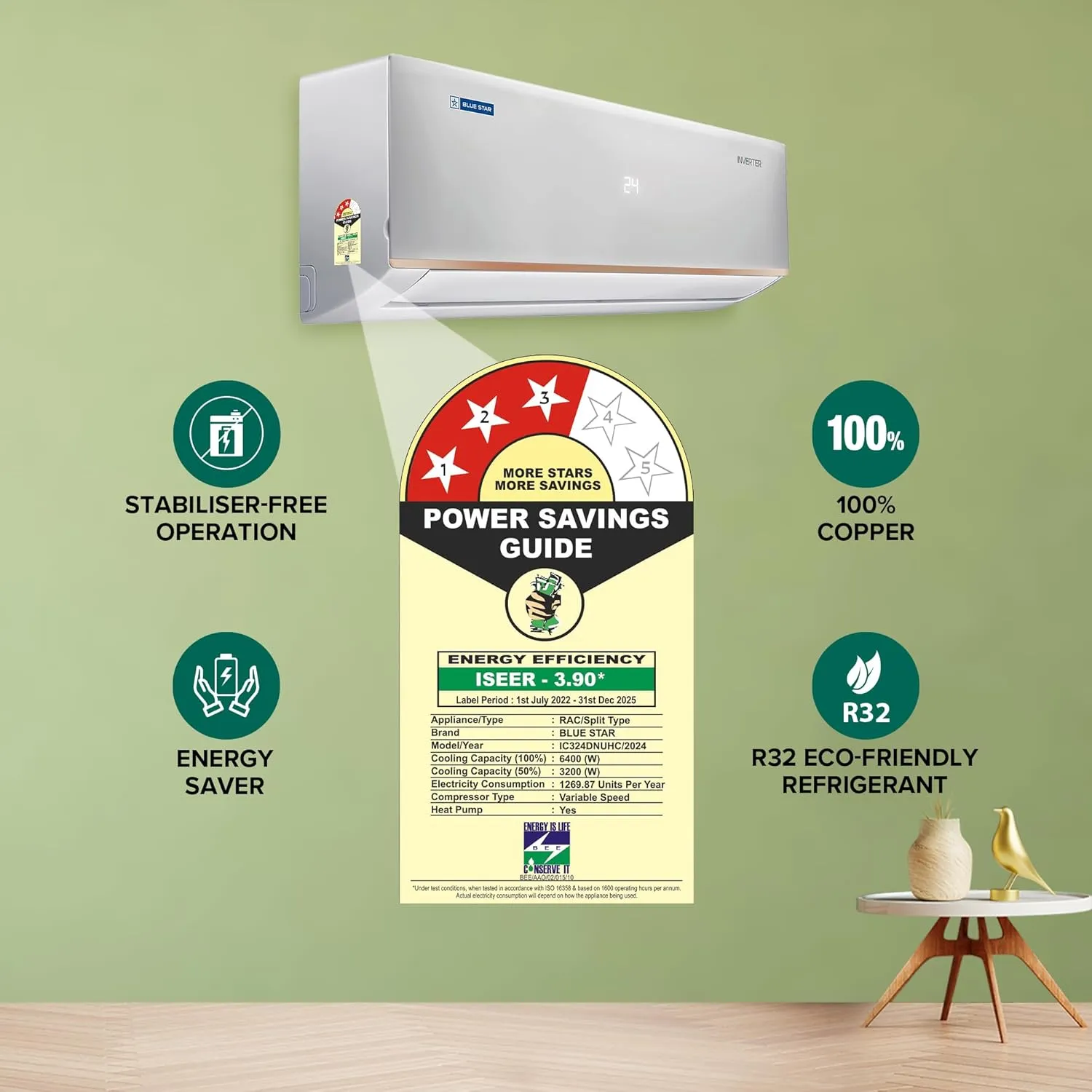 Blue Star IC324DNUHC 2 Ton 3 Star Hot and Cold Inverter Split AC (Copper,4 Way Swing,2025 Model, White)
