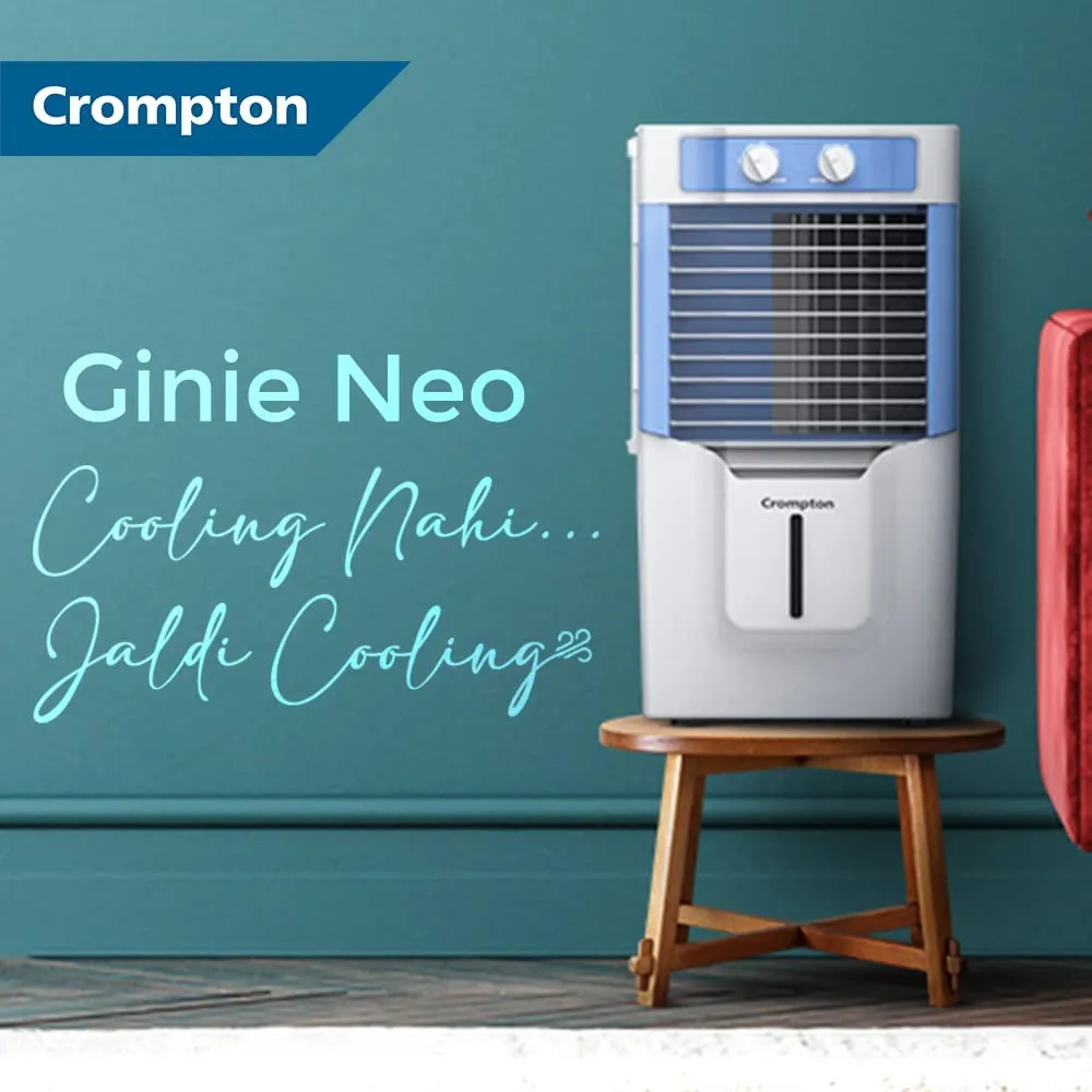 Crompton Ginie Neo Table-Top Personal Air Cooler- 10 Litre with 4-Way Air Deflection and High Density Honeycomb pads; White & Blue