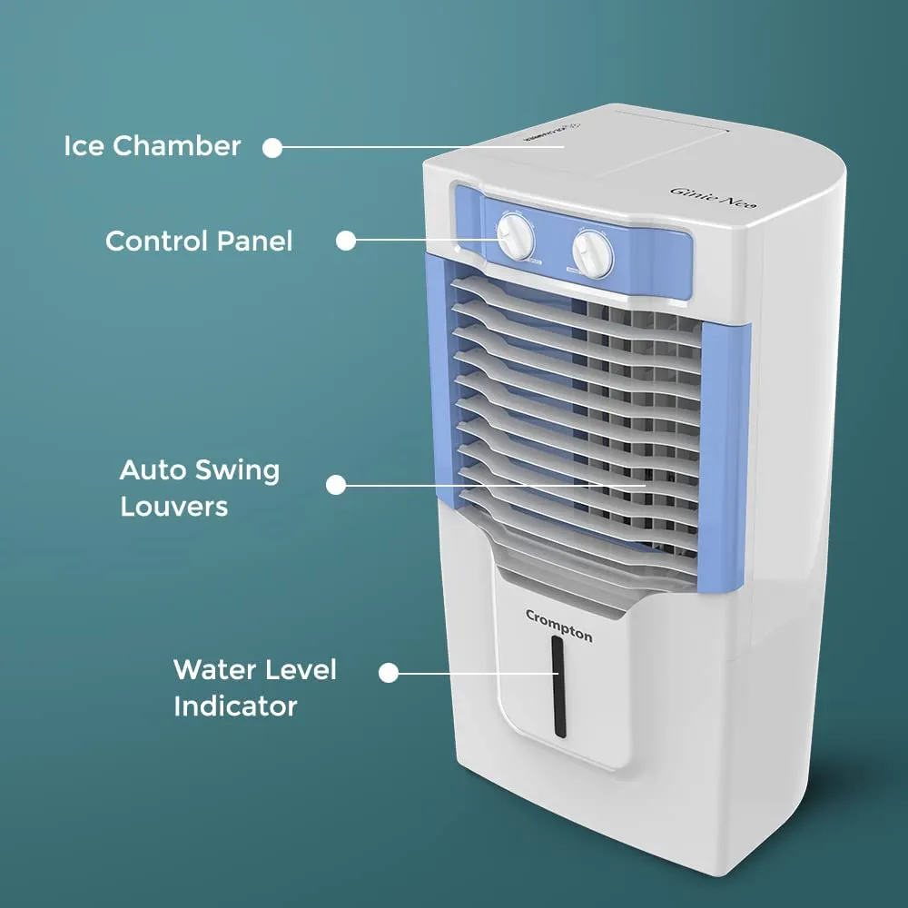 Crompton Ginie Neo Table-Top Personal Air Cooler- 10 Litre with 4-Way Air Deflection and High Density Honeycomb pads; White & Blue