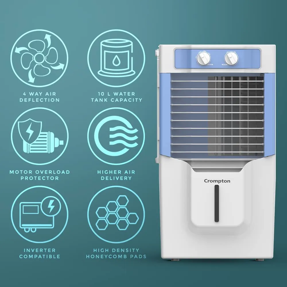 Crompton Ginie Neo Table-Top Personal Air Cooler- 10 Litre with 4-Way Air Deflection and High Density Honeycomb pads; White & Blue