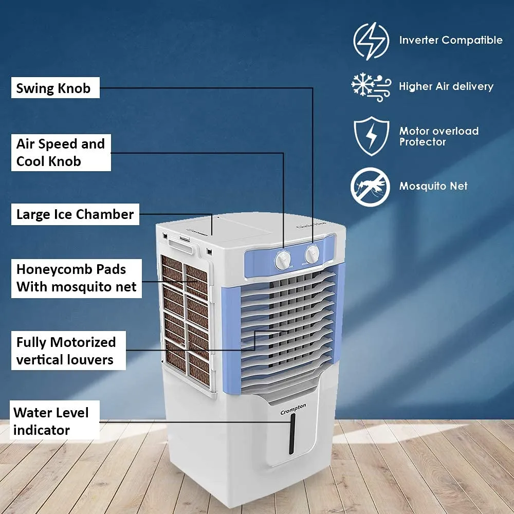 Crompton Ginie Neo Table-Top Personal Air Cooler- 10 Litre with 4-Way Air Deflection and High Density Honeycomb pads; White & Blue