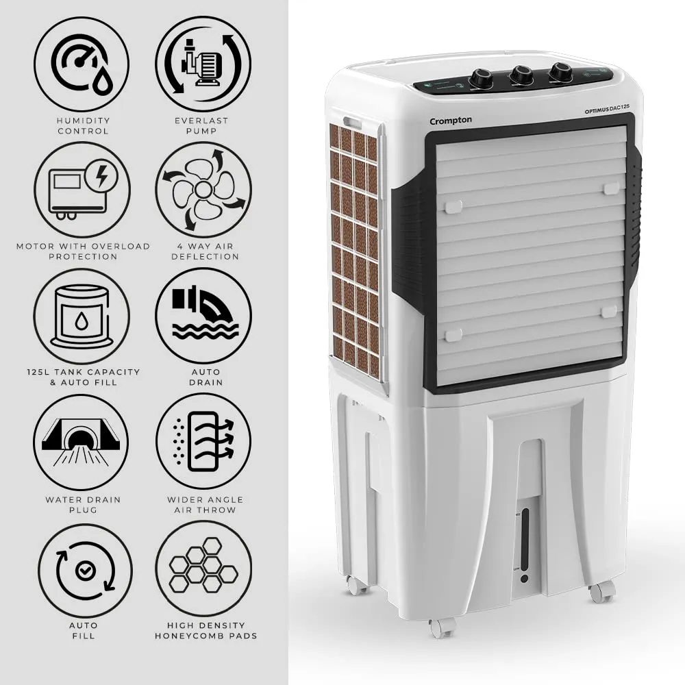 Crompton Optimus 125-Litre Desert Air Cooler | 5500 CFM Airflow | Auto-Fill & Auto-Drain | Everlast Pump | Humidity Control | Inverter Compatible