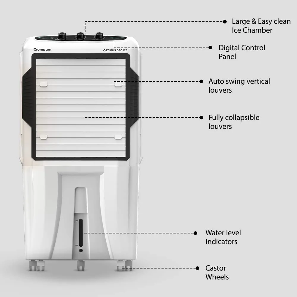 Crompton Optimus 125-Litre Desert Air Cooler | 5500 CFM Airflow | Auto-Fill & Auto-Drain | Everlast Pump | Humidity Control | Inverter Compatible