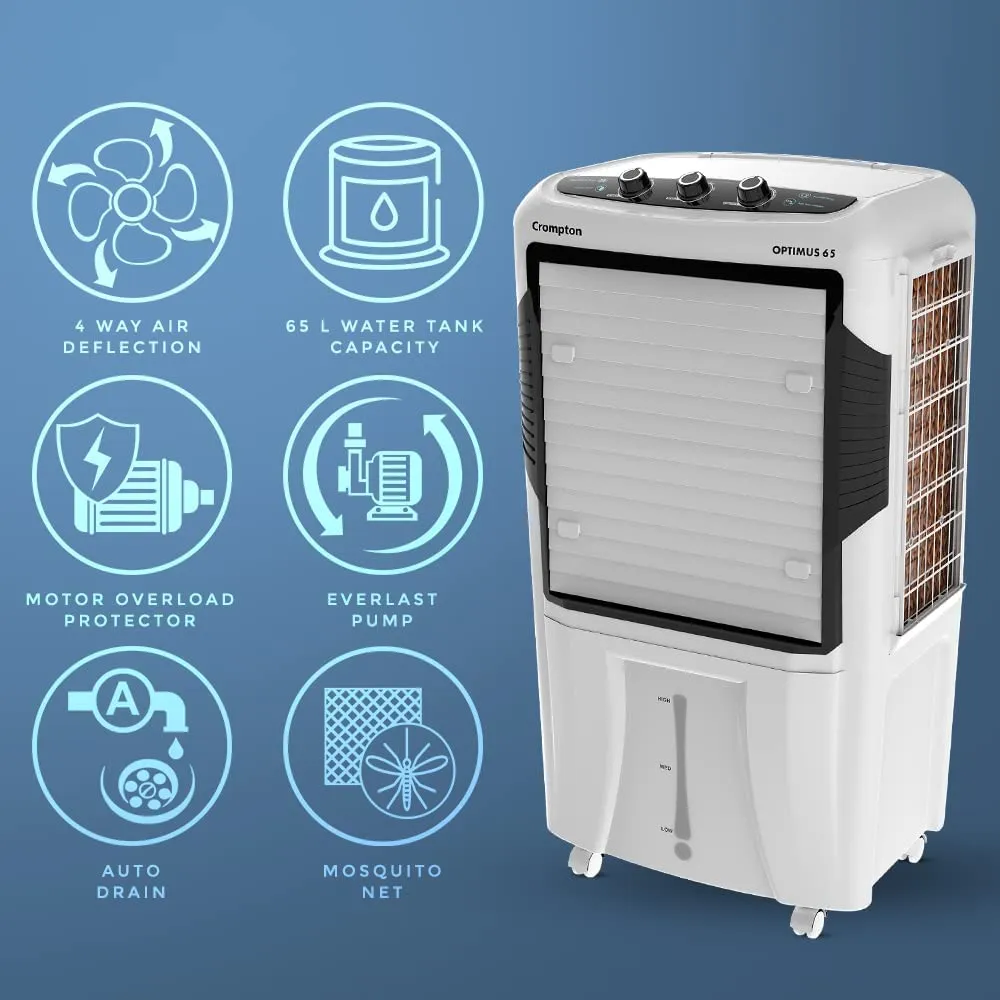 Crompton Optimus 65 Desert Air Cooler- 65L; with 18” Fan, Everlast Pump, Large & Easy Clean Ice Chamber, Humidity Control; White & Black