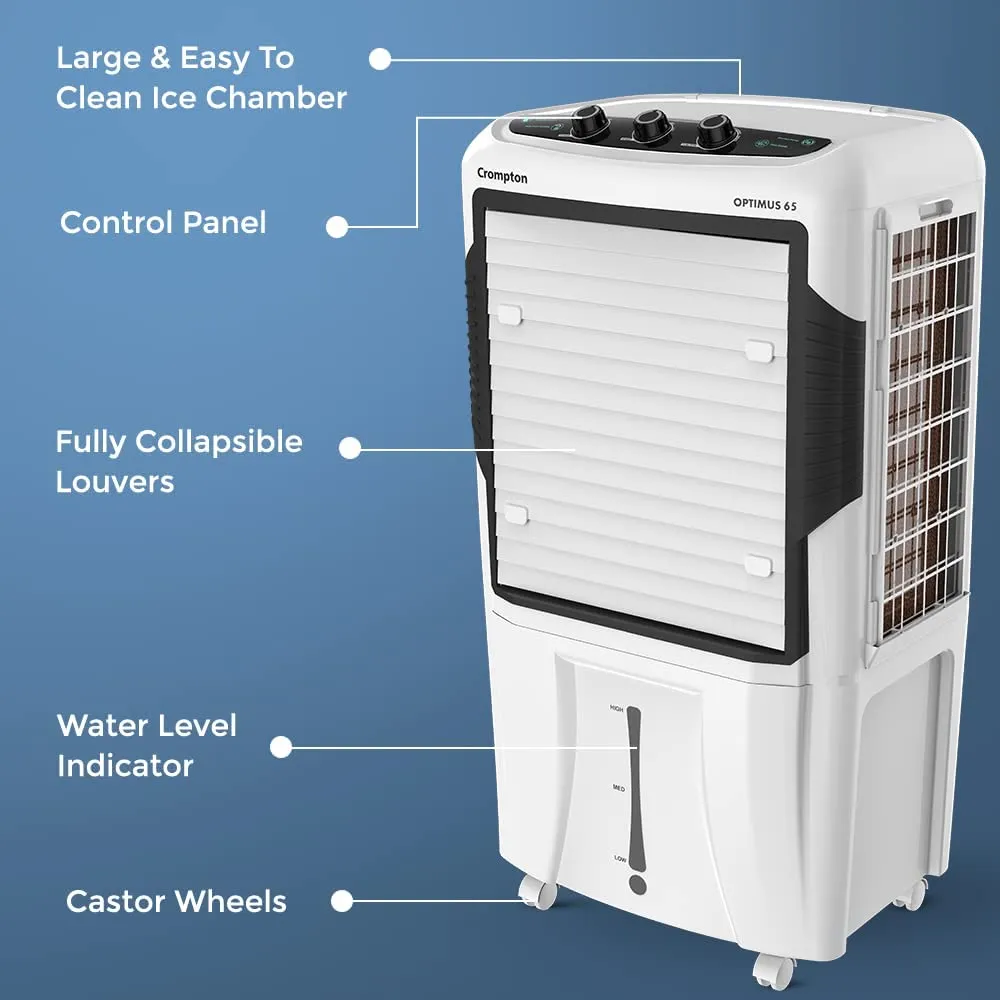 Crompton Optimus 65 Desert Air Cooler- 65L; with 18” Fan, Everlast Pump, Large & Easy Clean Ice Chamber, Humidity Control; White & Black