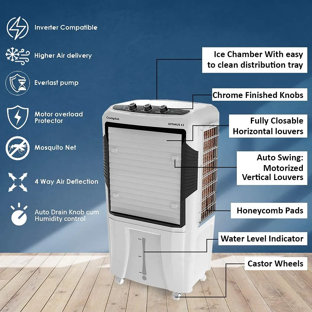 Crompton Optimus 65 Desert Air Cooler- 65L; with 18” Fan, Everlast Pump, Large & Easy Clean Ice Chamber, Humidity Control; White & Black