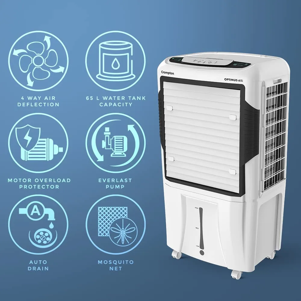 Crompton Optimus 65i Desert Air Cooler- 65L; with Remote Control, 18” Fan, Everlast Pump, Large & Easy Clean Ice Chamber, Humidity Control; White & Black