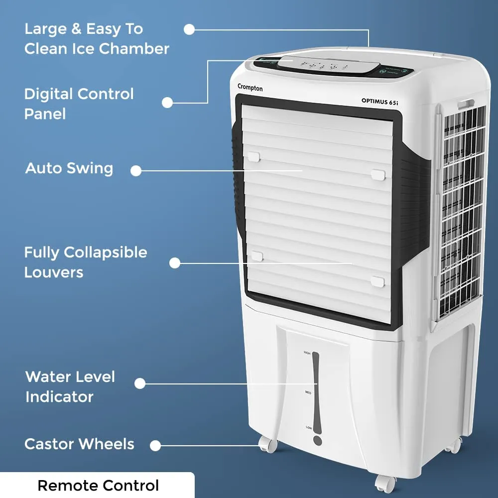 Crompton Optimus 65i Desert Air Cooler- 65L; with Remote Control, 18” Fan, Everlast Pump, Large & Easy Clean Ice Chamber, Humidity Control; White & Black