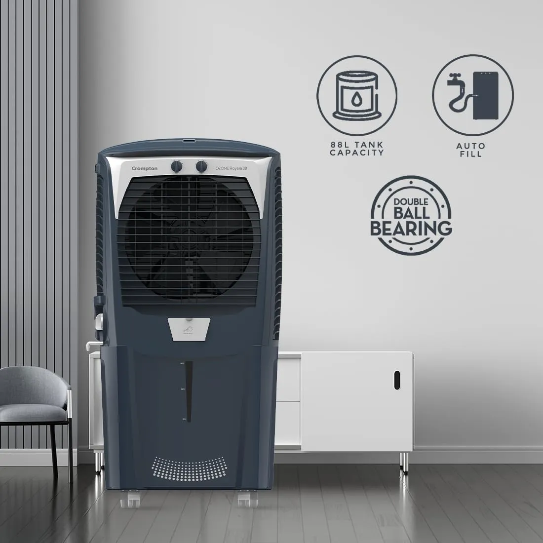 Crompton Ozone DACR 88 Royale Desert Air Cooler 88Litre  Auto drain, Auto Fill, 4-Way Air Deflection and High Density Honeycomb Pads