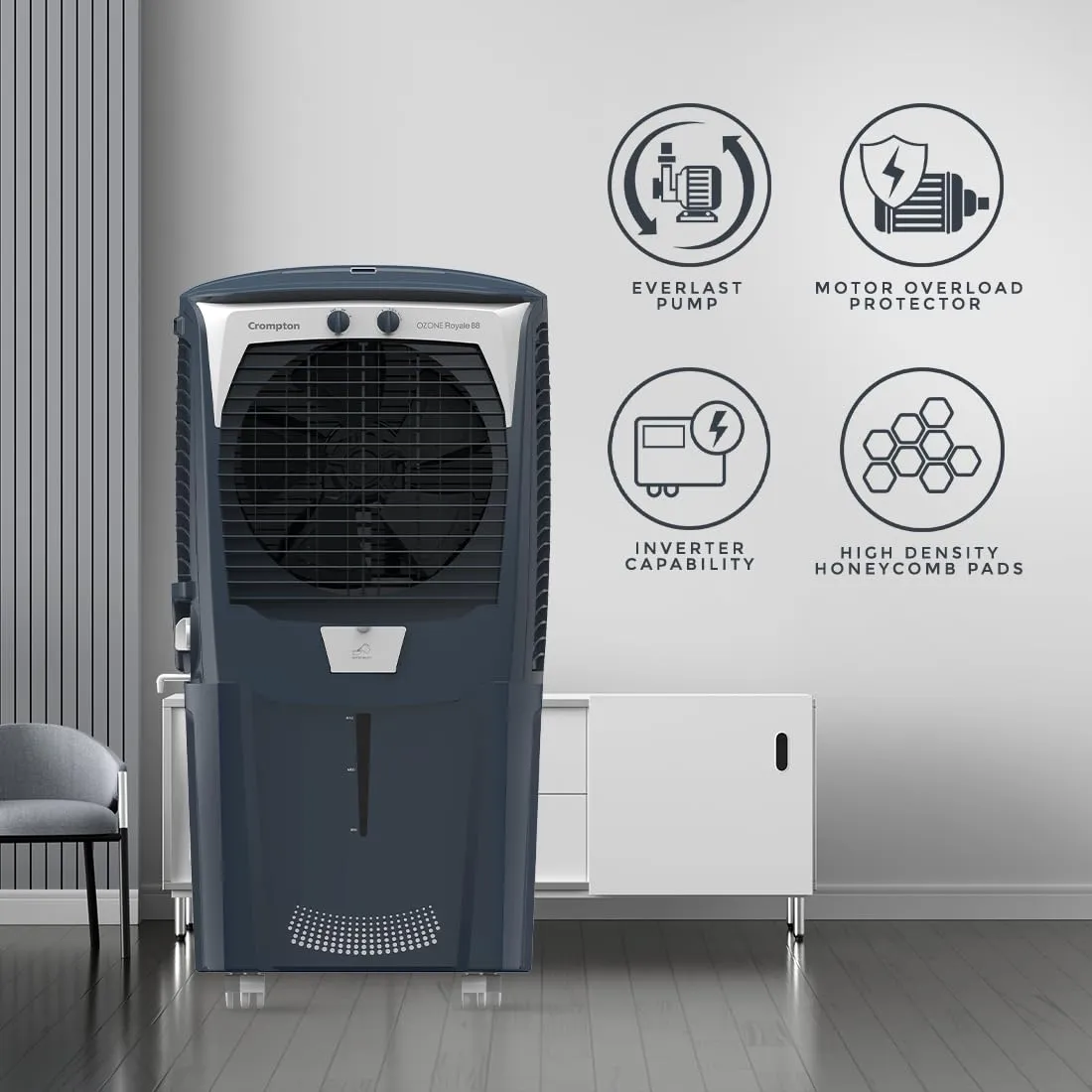Crompton Ozone DACR 88 Royale Desert Air Cooler 88Litre  Auto drain, Auto Fill, 4-Way Air Deflection and High Density Honeycomb Pads