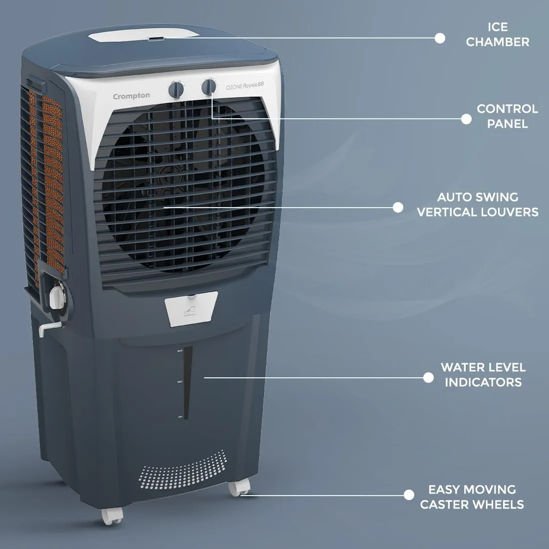 Crompton Ozone DACR 88 Royale Desert Air Cooler 88Litre  Auto drain, Auto Fill, 4-Way Air Deflection and High Density Honeycomb Pads
