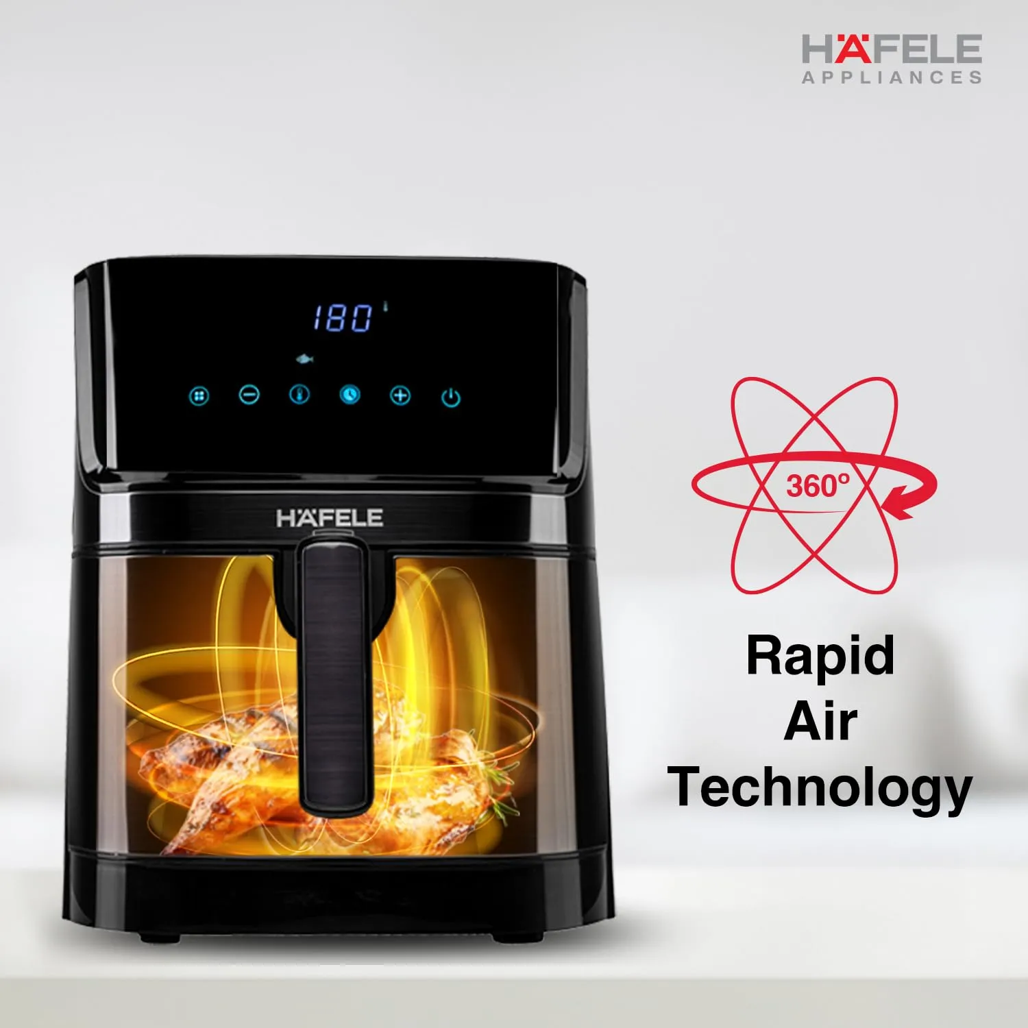 Hafele NOIL 6.3L Digital Air Fryer with 360° Rapid Air Circulation Technology & Touch Panel, Uses 90% Less Oil, 8 Preset Menus, Non-Stick Basket with 6.3 L Capacity,1700W, (Black)