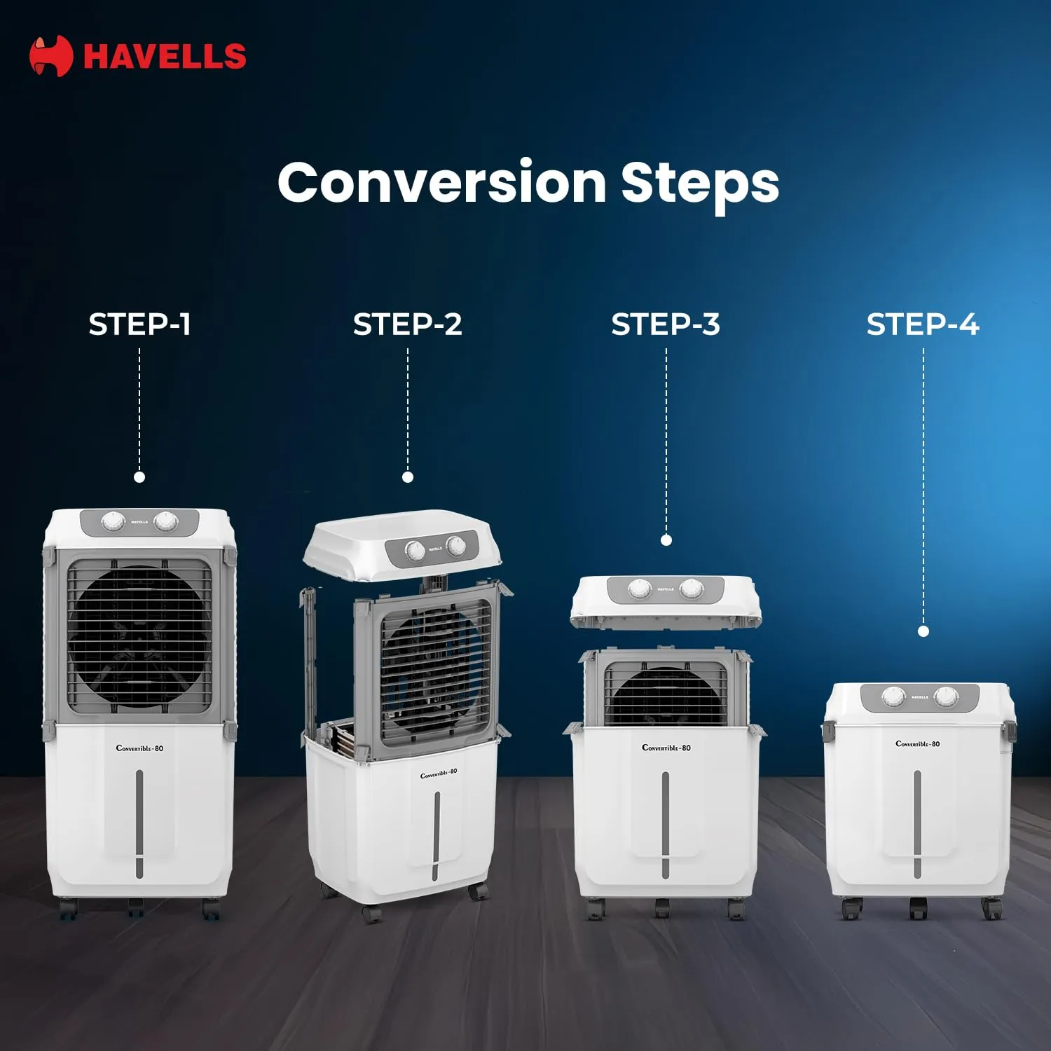 Havells 2-in-1 Convertible 80 L Desert Air Cooler for room| Dual functionality & easy storing| Can be used as side table| 5 Leaf Metal Blade Fan| Powerful Air-Delivery| Bacteria shield honeycomb pads GHRACCCE185