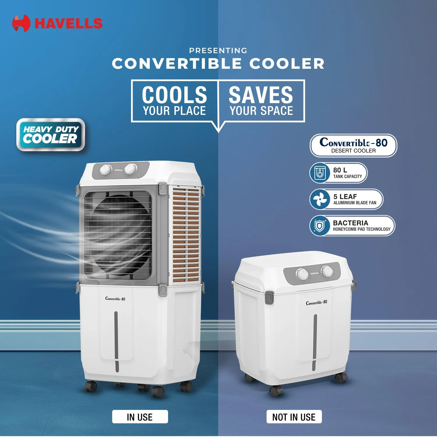 Havells 2-in-1 Convertible 80 L Desert Air Cooler for room| Dual functionality & easy storing| Can be used as side table| 5 Leaf Metal Blade Fan| Powerful Air-Delivery| Bacteria shield honeycomb pads GHRACCCE185