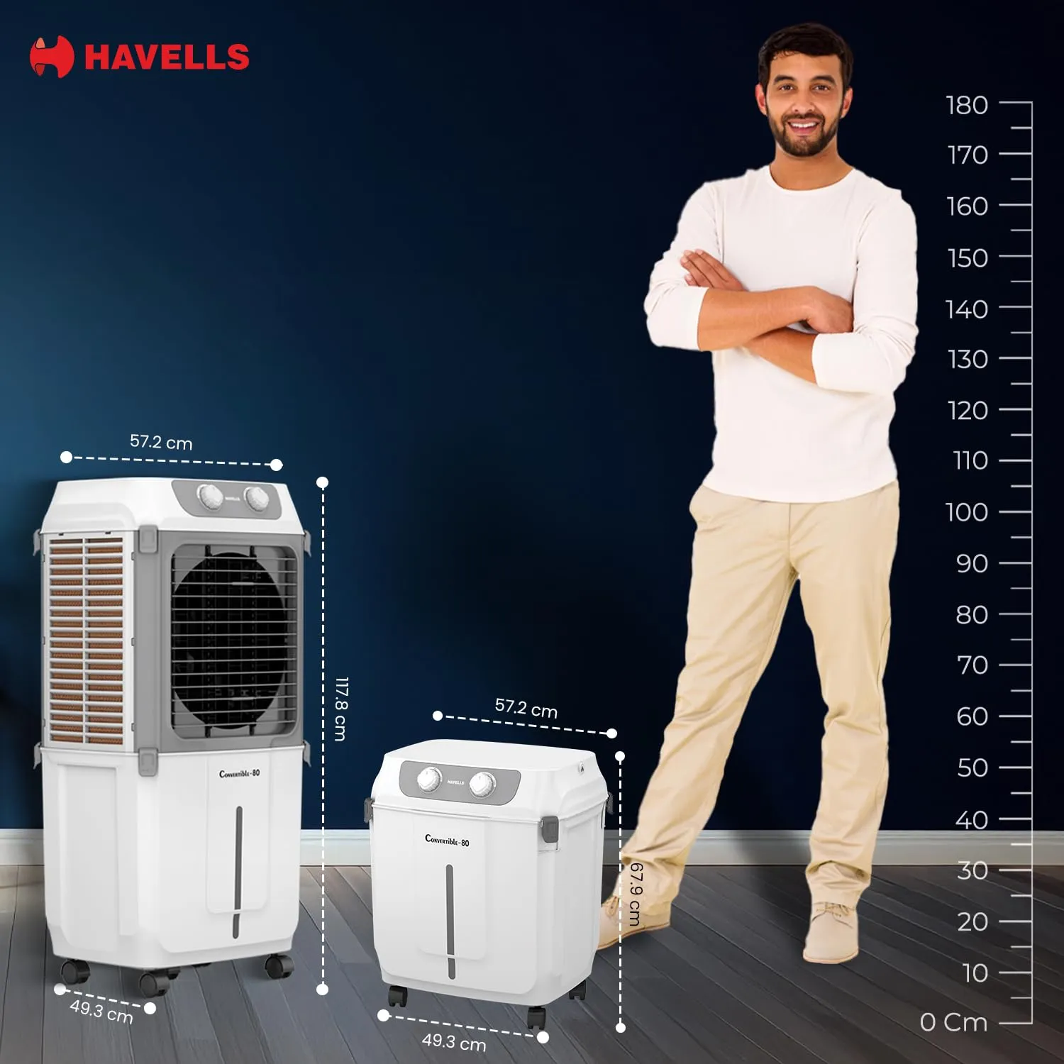 Havells 2-in-1 Convertible 80 L Desert Air Cooler for room| Dual functionality & easy storing| Can be used as side table| 5 Leaf Metal Blade Fan| Powerful Air-Delivery| Bacteria shield honeycomb pads GHRACCCE185