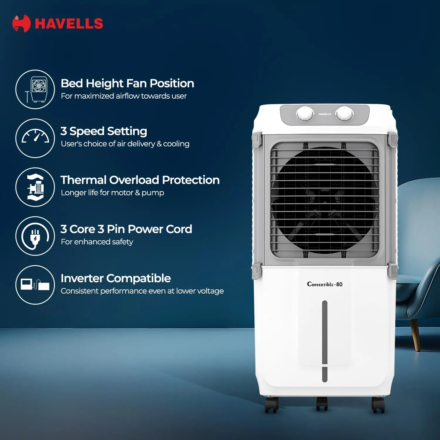 Havells 2-in-1 Convertible 80 L Desert Air Cooler for room| Dual functionality & easy storing| Can be used as side table| 5 Leaf Metal Blade Fan| Powerful Air-Delivery| Bacteria shield honeycomb pads GHRACCCE185