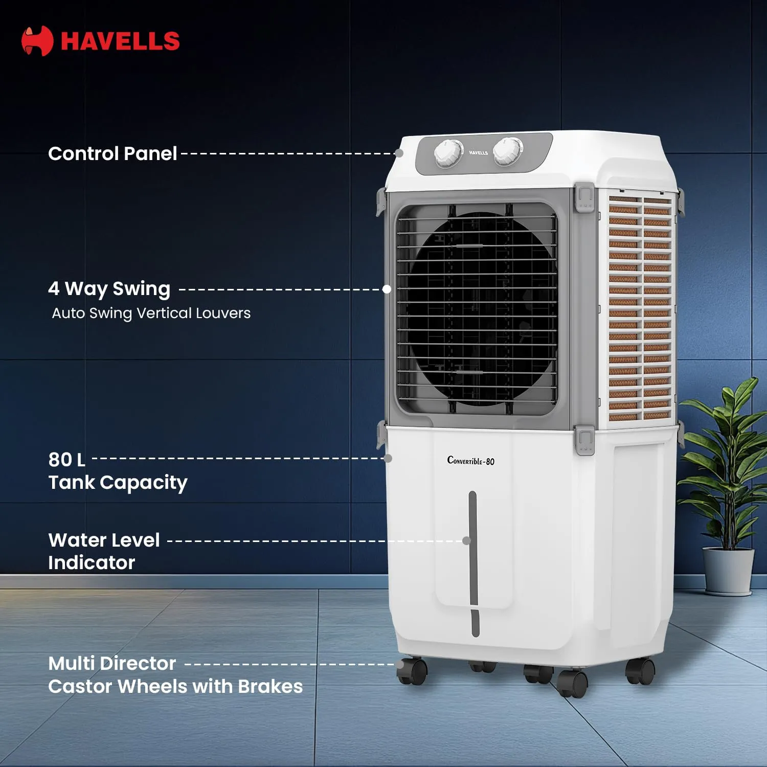 Havells 2-in-1 Convertible 80 L Desert Air Cooler for room| Dual functionality & easy storing| Can be used as side table| 5 Leaf Metal Blade Fan| Powerful Air-Delivery| Bacteria shield honeycomb pads GHRACCCE185