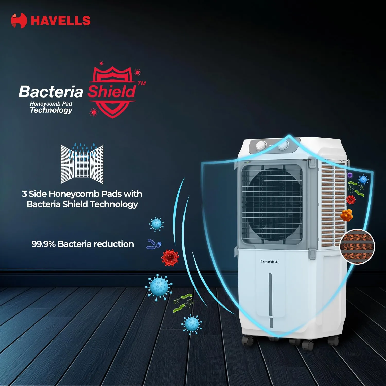 Havells 2-in-1 Convertible 80 L Desert Air Cooler for room| Dual functionality & easy storing| Can be used as side table| 5 Leaf Metal Blade Fan| Powerful Air-Delivery| Bacteria shield honeycomb pads GHRACCCE185