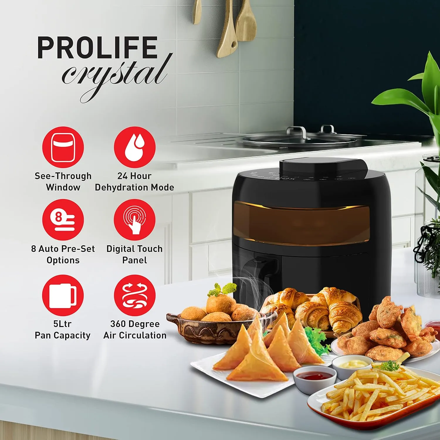 Havells Air Fryer Prolife Crystal | See-Through Window |5L Pan | 8 Presets Menu | Auto Restart | Touch Screen | 1500 Watt & 2 Year Warranty
