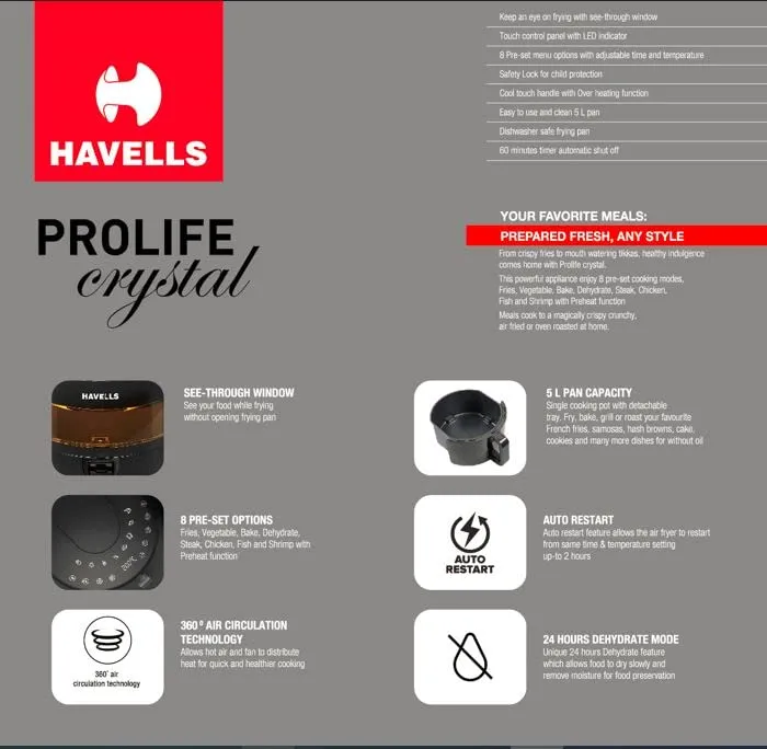 Havells Air Fryer Prolife Crystal | See-Through Window |5L Pan | 8 Presets Menu | Auto Restart | Touch Screen | 1500 Watt & 2 Year Warranty