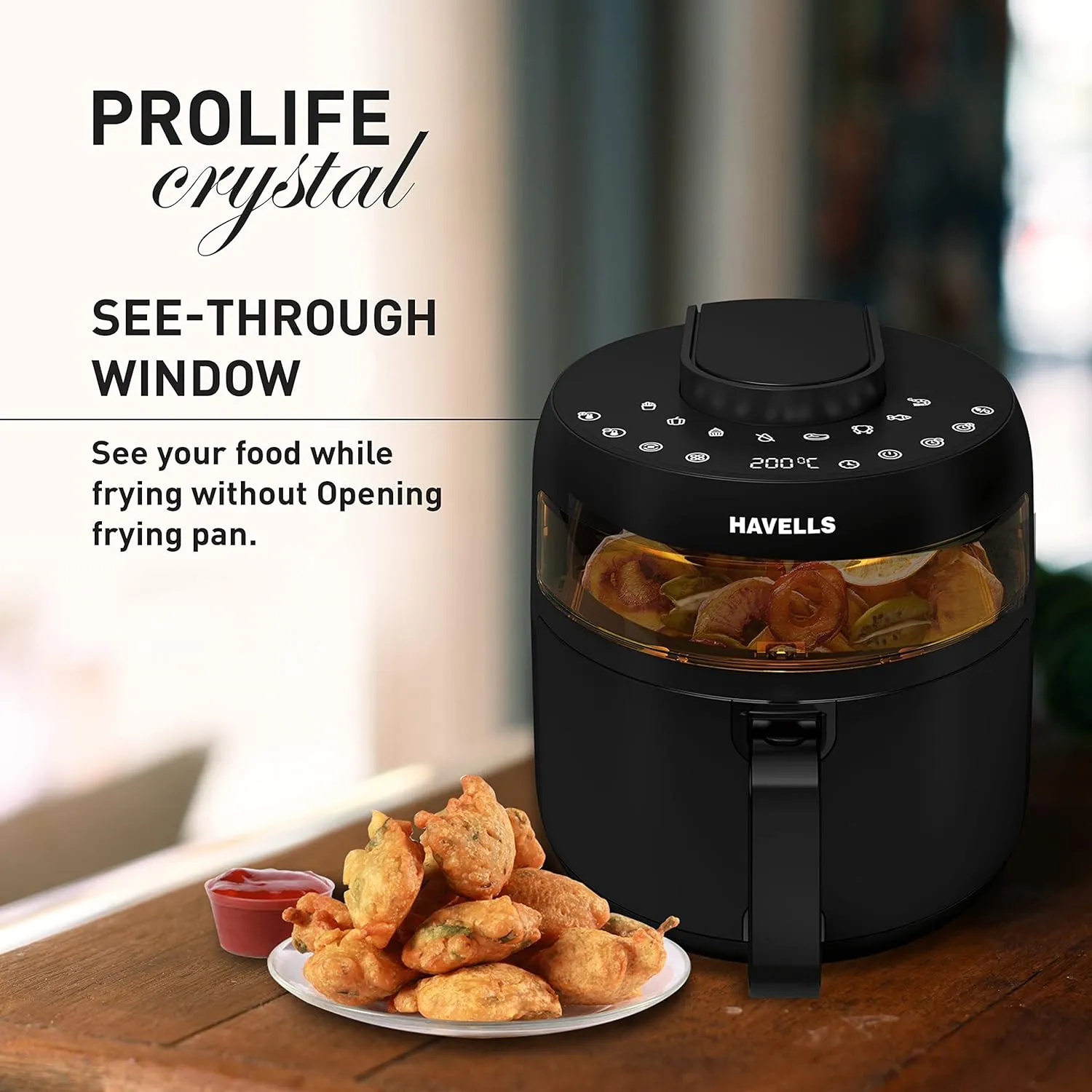 Havells Air Fryer Prolife Crystal | See-Through Window |5L Pan | 8 Presets Menu | Auto Restart | Touch Screen | 1500 Watt & 2 Year Warranty