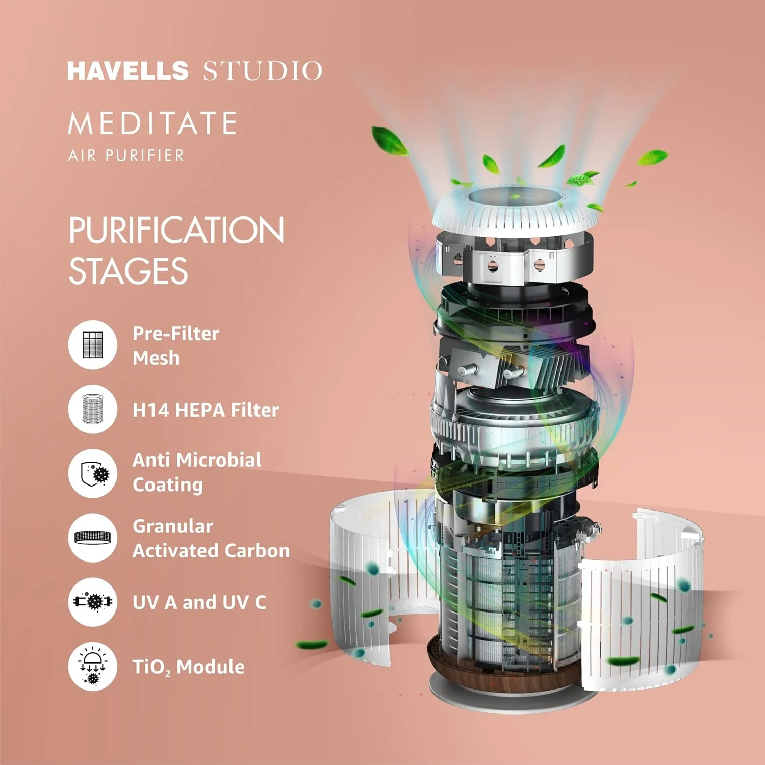 Havells Studio Meditate AP 400 Air purifier with SpaceTech Air Purification Technology with TiO2 module & Integrated H14 HEPA filter (Silver Satin)