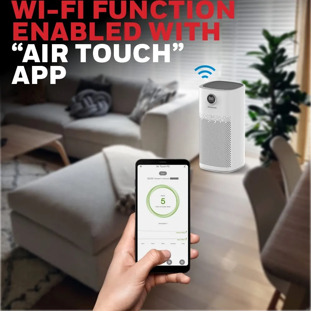 Honeywell Air Touch P2 Air Purifier with H13 HEPA Filter, UV LED, Wi-Fi, 550 CADR – Covers Up to 853 Sq. Ft, White