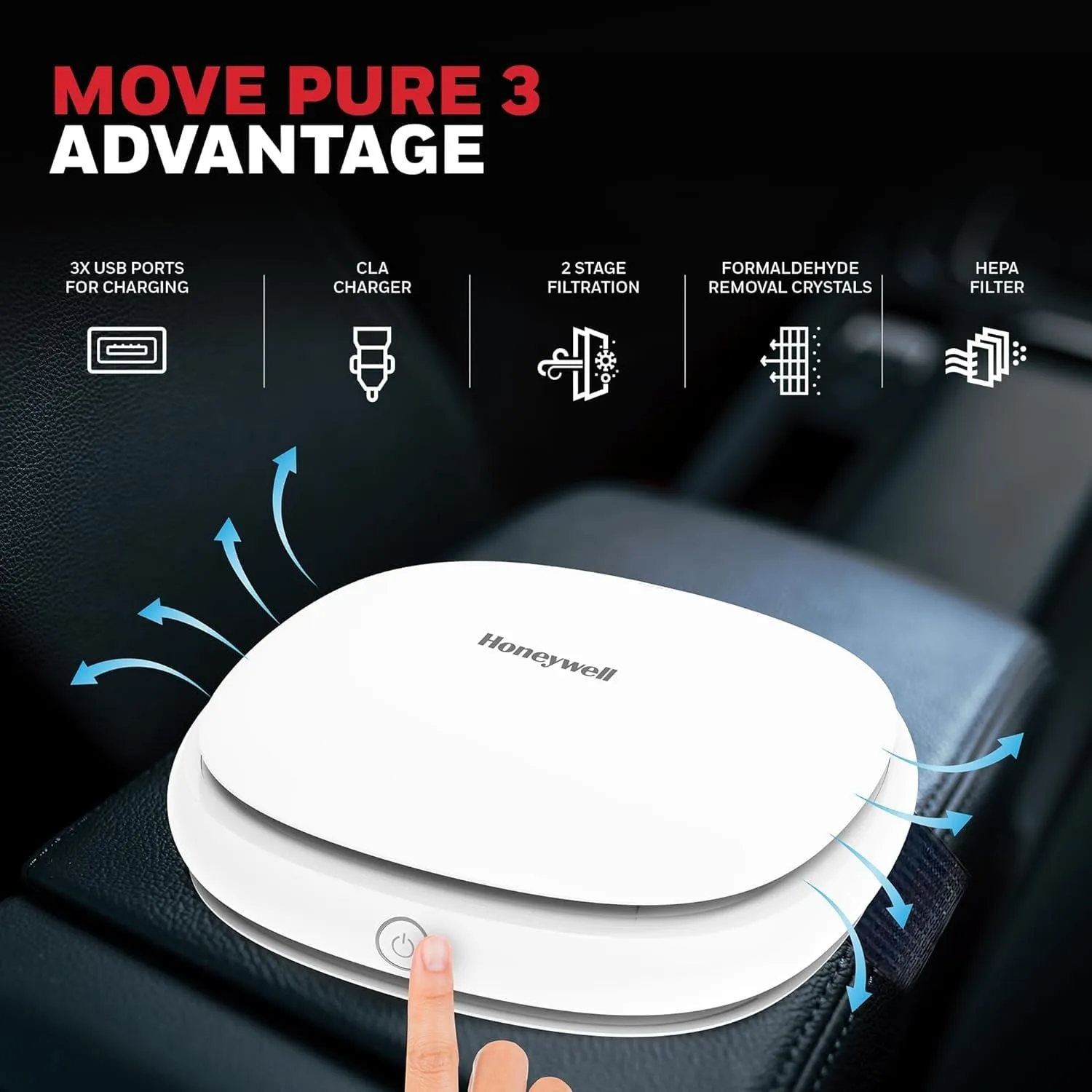 Honeywell Move Pure3 Car Air Purifier – HEPA H12 Filter, Ionizer, Odour Removal, 3 USB Ports, CADR 24 m³/h – White