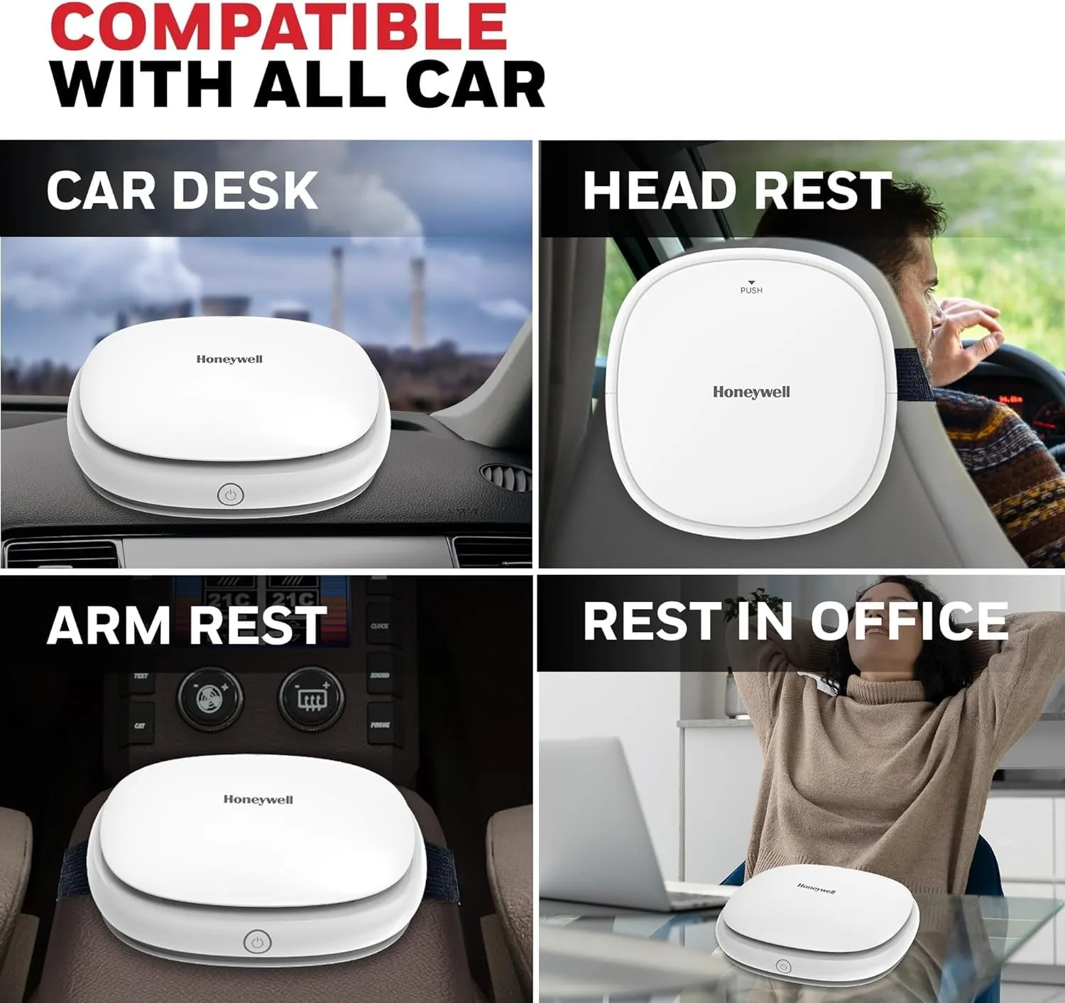 Honeywell Move Pure3 Car Air Purifier – HEPA H12 Filter, Ionizer, Odour Removal, 3 USB Ports, CADR 24 m³/h – White