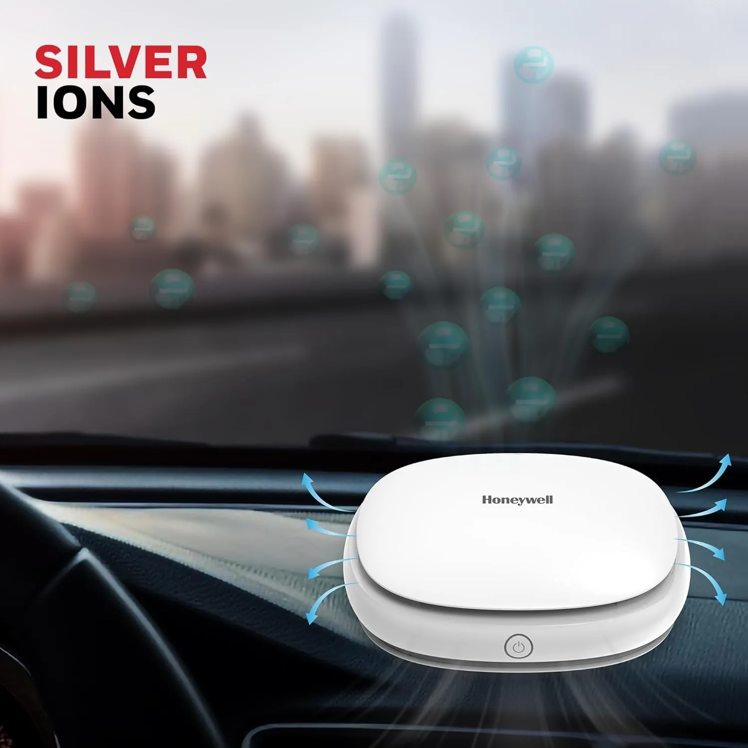 Honeywell Move Pure3 Car Air Purifier – HEPA H12 Filter, Ionizer, Odour Removal, 3 USB Ports, CADR 24 m³/h – White