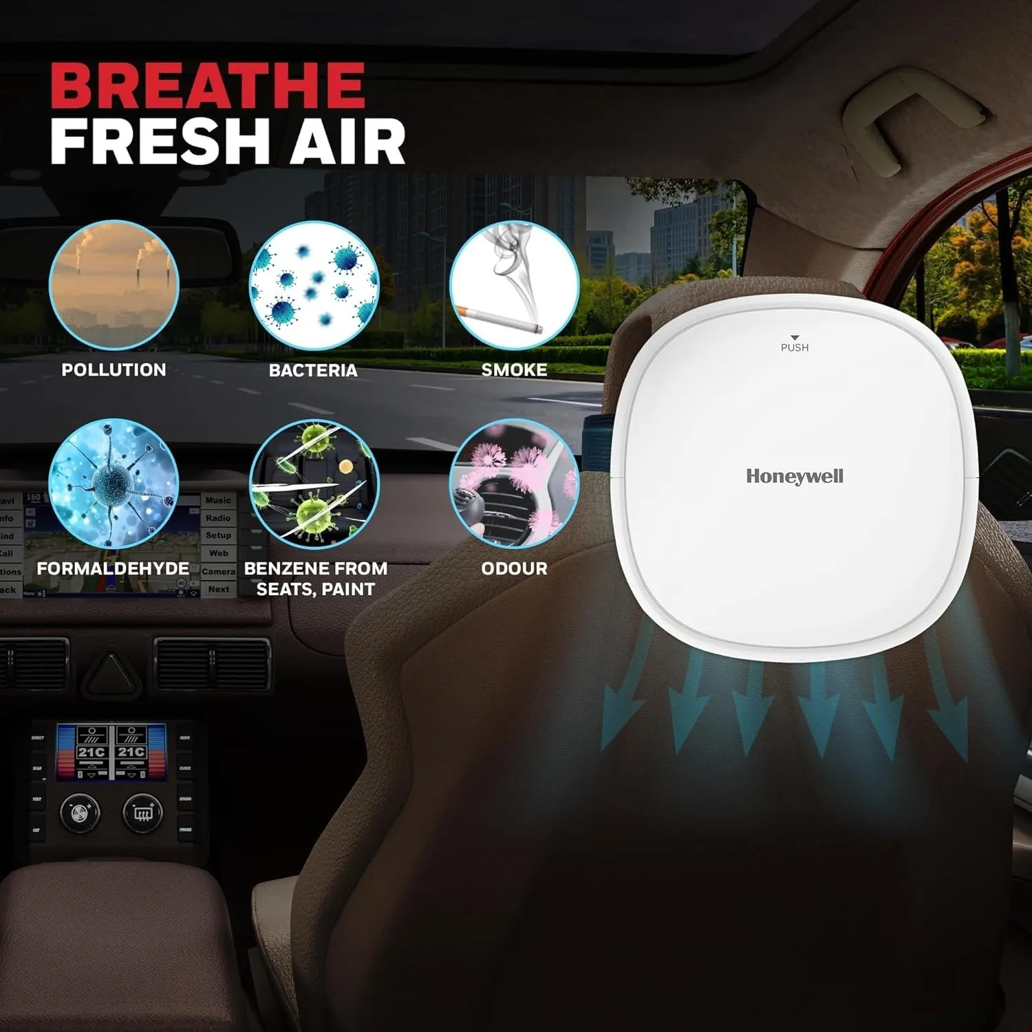 Honeywell Move Pure3 Car Air Purifier – HEPA H12 Filter, Ionizer, Odour Removal, 3 USB Ports, CADR 24 m³/h – White