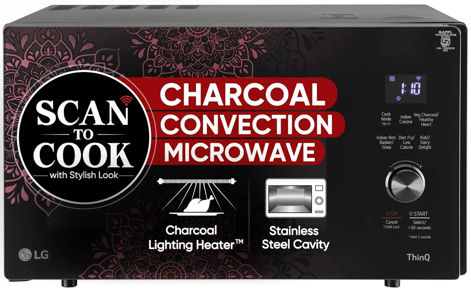 LG MJEN286VIW 28 L Charcoal Convection Microwave Oven | Wi-Fi Enabled | Scan to Cook | 360° Motorised Rotisserie | Heart-Friendly Recipes | Stainless Steel Cavity | Black