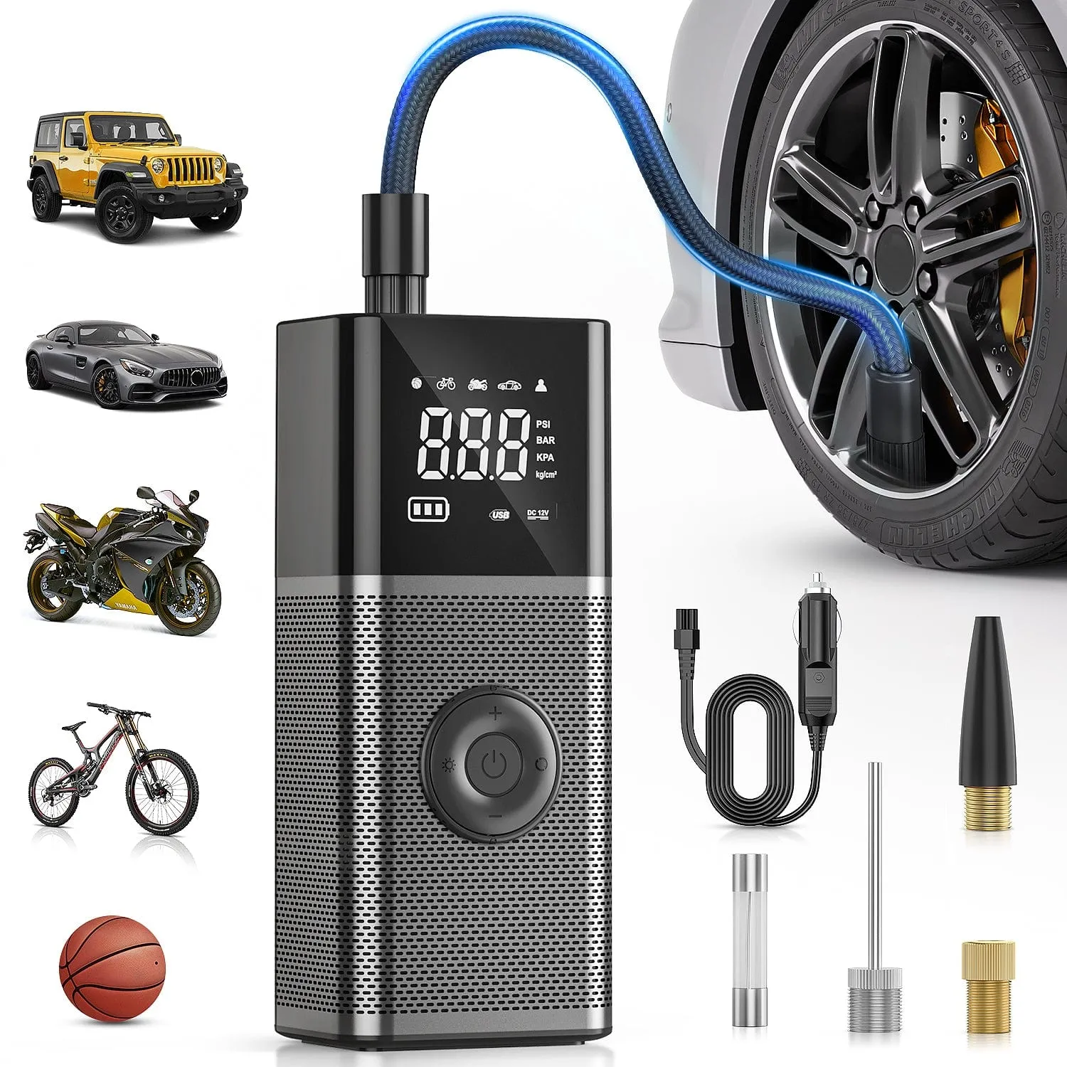 Tire Inflator Portable Air Compressor Rechargeable 12VDC 150PSI Cordless Battery Cigarette Powered