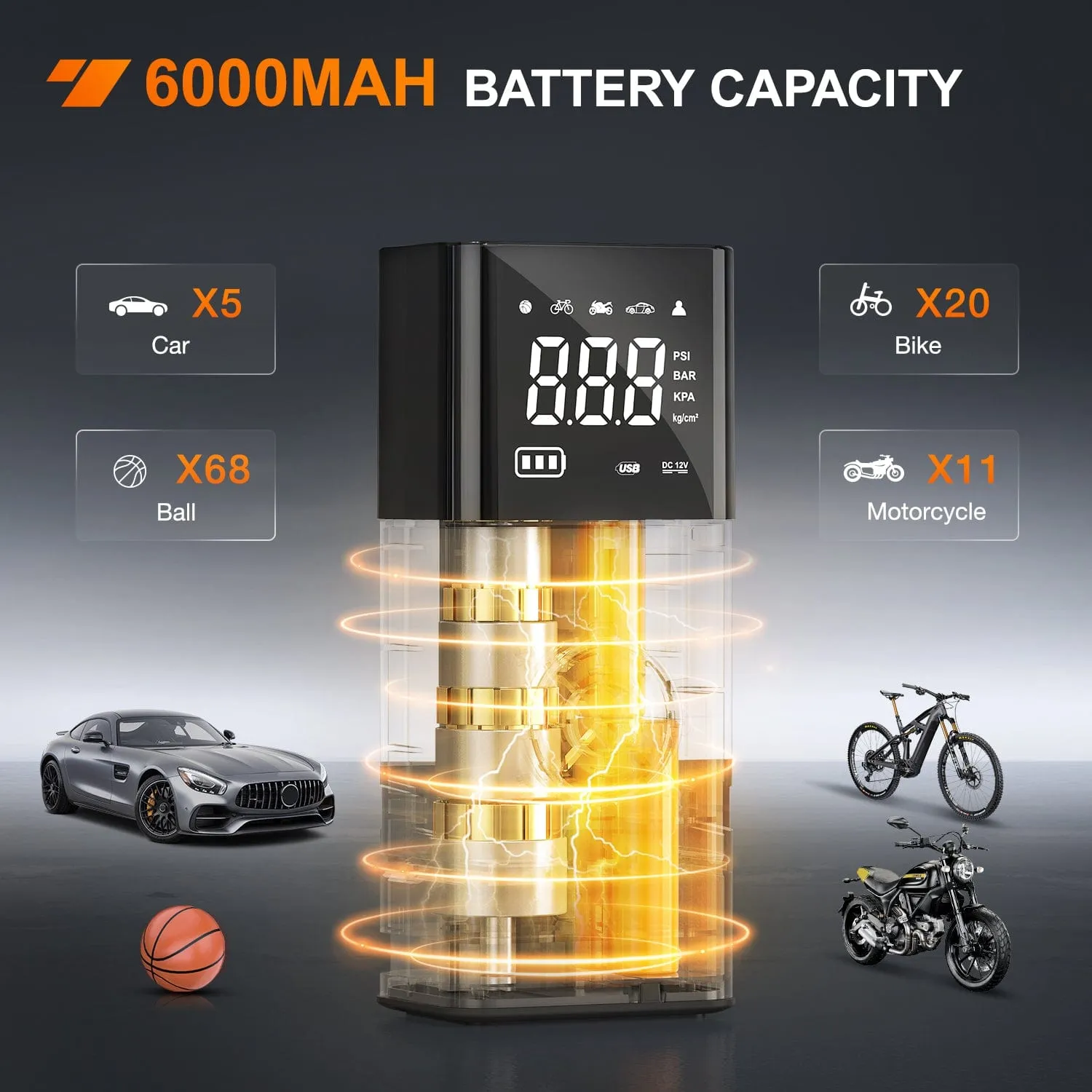 Tire Inflator Portable Air Compressor Rechargeable 12VDC 150PSI Cordless Battery Cigarette Powered