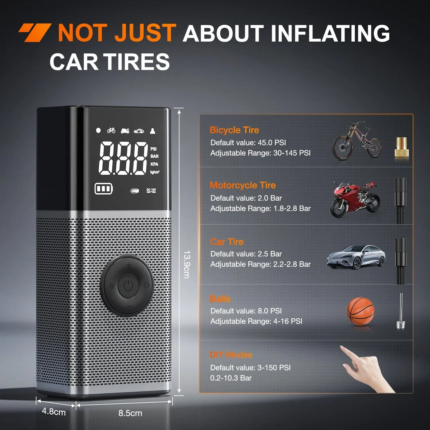Tire Inflator Portable Air Compressor Rechargeable 12VDC 150PSI Cordless Battery Cigarette Powered