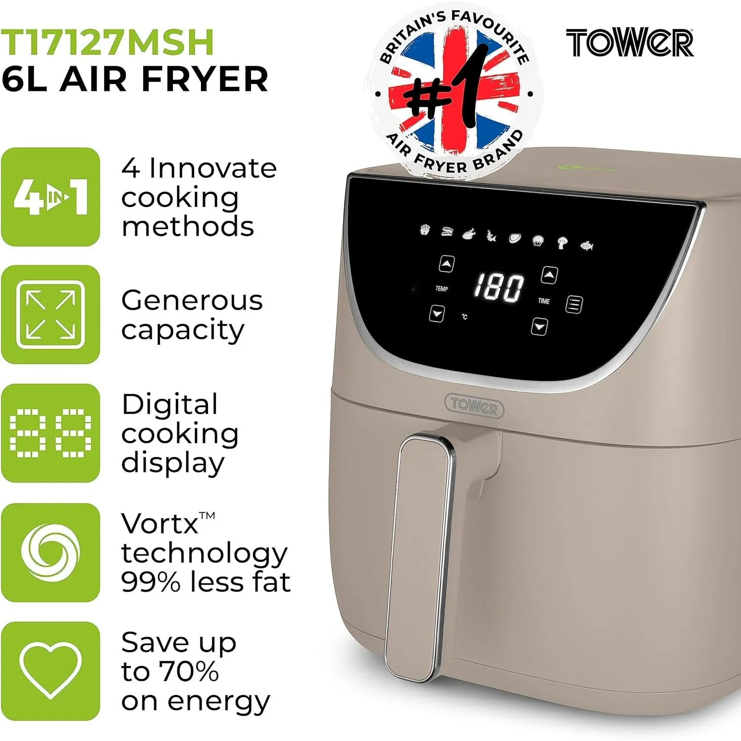 Tower Vortx 6 Litre Air Fryer with Digital Control Panel - Latte - T17127MSH
